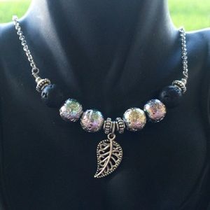 Electroplated lavarock leaf stainless steel chain boho necklace